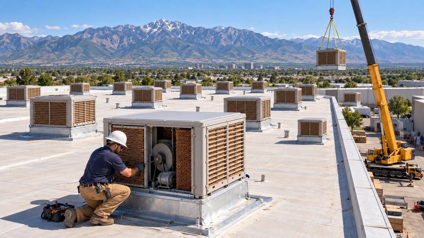 Illustration of a technician servicing evaporative coolers on a warehouse roof, with a crane lifting a unit and the Wasatch Mountains behind
